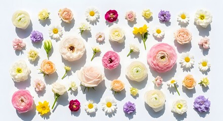 Vibrant collection of assorted colorful spring flowers and ranunculus scattered on white background.