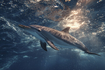 Fototapeta premium Underwater dolphin swimming in deep blue ocean with sunlight reflecting on water surface creating peaceful and natural marine scene