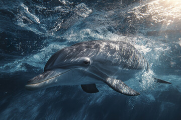 Fototapeta premium Underwater dolphin swimming in clear ocean water with sunlight streaming through surface creating sparkling reflections and dynamic movement in marine environment