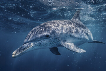 Fototapeta premium Underwater dolphin portrait side view with gentle motion in blue ocean water showing detailed skin texture and natural light reflections creating peaceful marine atmosphere