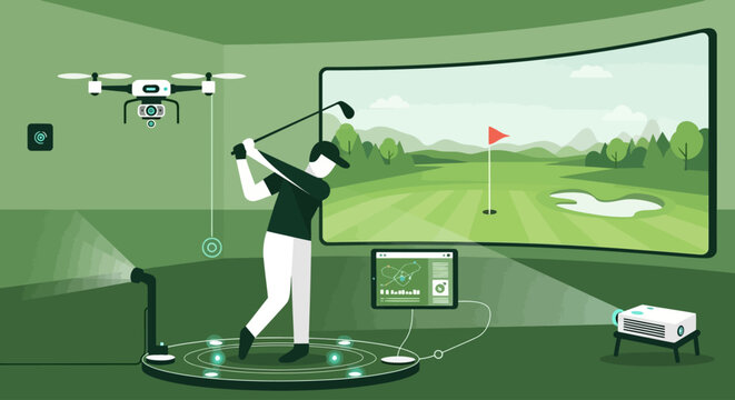 A golfer practices their swing in a high-tech indoor simulator with a large screen displaying a virtual golf course, drone, and projector.