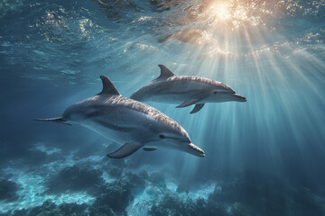 Fototapeta premium Two dolphins swim gracefully underwater with rays of sunlight breaking through clear blue ocean, creating serene and peaceful marine scene full of natural beauty