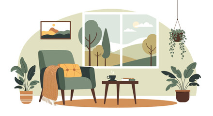 A cozy and peaceful living room scene with an armchair, coffee table, potted plants, and a large window overlooking a serene natural landscape.