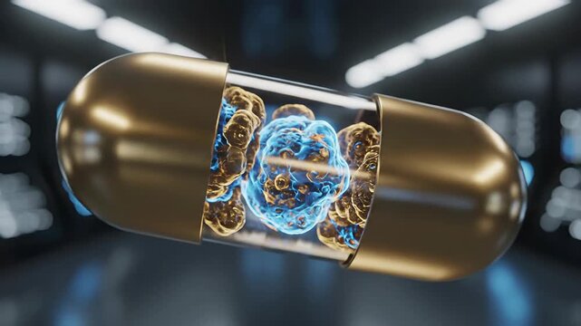 Close-up of a golden capsule with glowing blue cells inside, futuristic medical concept