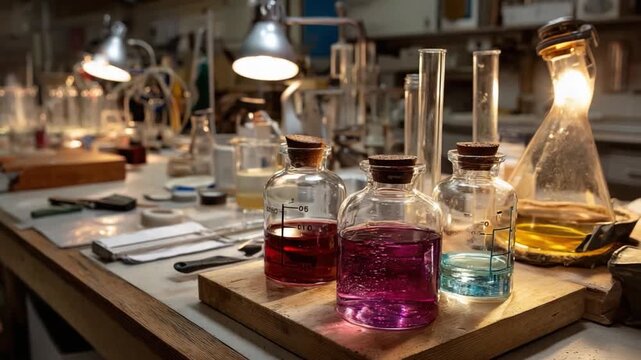 Lab glassware and equipment: A meticulous display of scientific instruments and liquids. Illuminated by incandescent lights, showcasing the tools of scientific discovery.