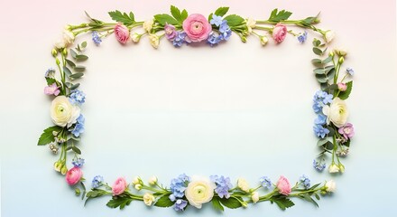 Delicate floral frame with pink, white, and blue flowers on a soft gradient background.