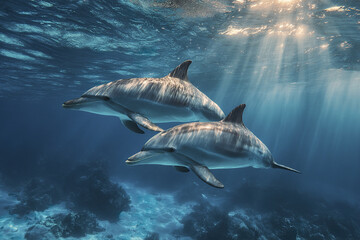 Two dolphins swim gracefully underwater with sunlight streaming through ocean surface, creating peaceful and serene marine scene full of natural beauty and calmness