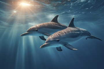 Fototapeta premium Underwater scene of two dolphins swimming side by side with sunlight rays penetrating ocean, creating peaceful and serene marine atmosphere