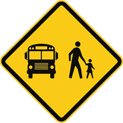School zone sign with bus and adult holding child silhouette