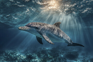 Fototapeta premium Underwater wildlife photo of dolphin cruising calmly with sunlight rays penetrating ocean surface, illuminating marine life and coral reef below in serene blue environment