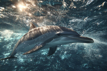 Fototapeta premium Underwater wildlife photo of dolphin cruising calmly with sunlight reflecting on its body in clear blue ocean water creating peaceful and serene atmosphere