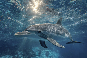 Fototapeta premium Underwater dolphin swimming in clear blue ocean water with sunlight reflecting on its body creating calm and peaceful marine wildlife scene