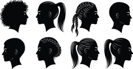 Female head silhouette collection with different hairstyles, side profile women faces, beauty and fashion illustration isolated on white background vector