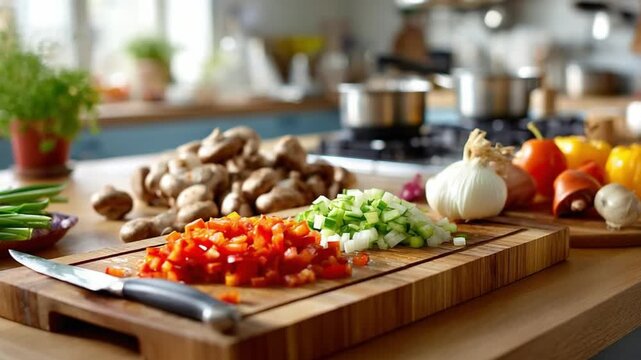 Fresh ingredients culinary art: A chef's paradise! Sliced vibrant vegetables await their transformation into a delicious culinary creation, inviting one into the art of cooking