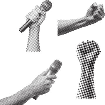 Hands holding microphones and raised fists in halftone dot style.