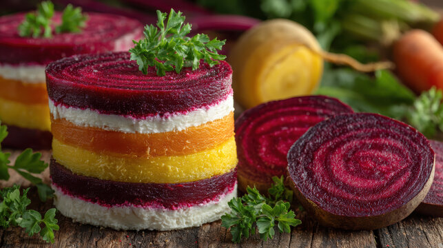 Colorful Layered Beet and Carrot Cake on Rustic Board