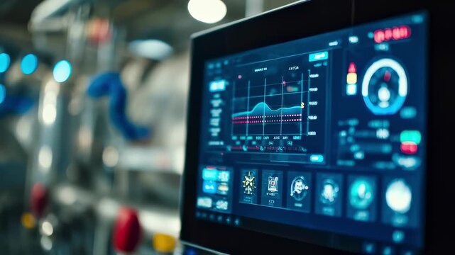 Closeup medium shot of a pump control panel displaying realtime analytics with the environment softly blurred to emphasize focus on predictive maintenance tools.