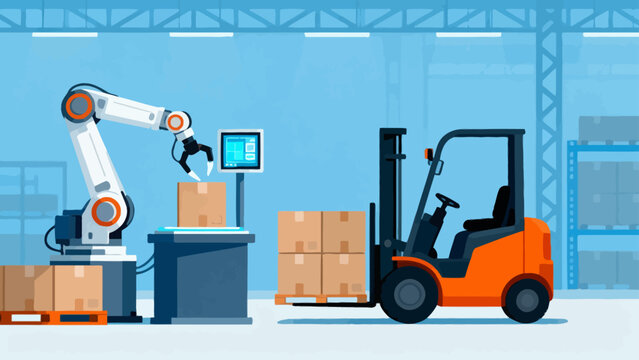 Industrial warehouse with robotic arm and forklift