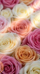 Fototapeta premium A beautiful arrangement of pastel roses in various shades of pink, peach, and white.