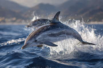 Dolphin jumping above ocean water with splash and mountain background in natural light, showing dynamic movement and marine wildlife beauty