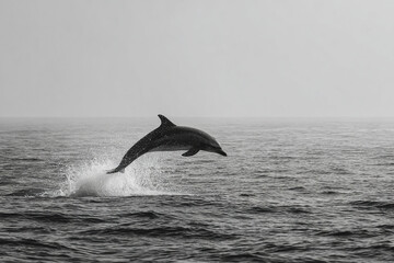 Wild dolphin leaping from calm sea with water splash and smooth horizon in black and white, showing natural marine life and ocean freedom in peaceful moment