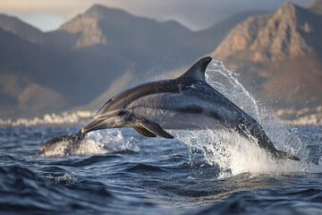 Dolphin leaping from ocean water with splash near mountain coastline under cloudy sky, showing powerful motion and natural marine wildlife in dynamic action scene