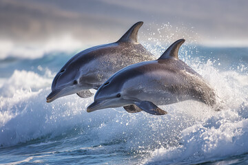 Two wild dolphins leaping above rough ocean waves, energetic and playful in natural marine environment with splashing water and dynamic movement