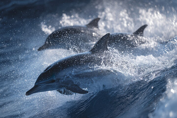 Wild dolphin jumping through splashing ocean waves with powerful water movement and dynamic energy in natural marine environment