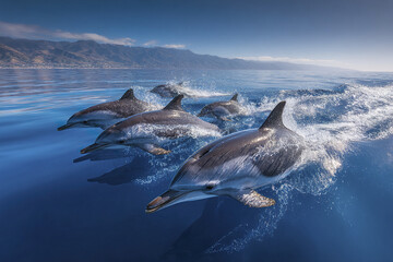 Wild dolphins swimming in clear blue ocean water near mountain coastline, dynamic motion and splashing water creating lively and energetic marine scene under bright sky