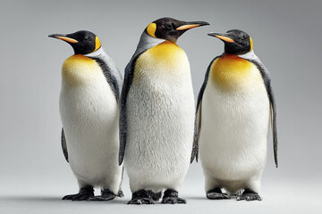 Fototapeta premium Three emperor penguins standing upright with smooth white and black feathers and bright yellow markings on necks, showing natural animal beauty and calm posture in studio setting