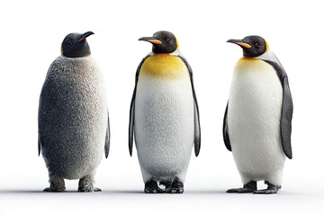 Fototapeta premium Three emperor penguins standing upright with wet feathers on white background, showing their distinctive black, white, and yellow coloring in calm and natural pose
