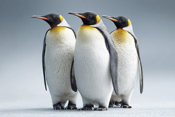 Three emperor penguins standing upright on icy surface with soft gray background, showing detailed feathers and calm natural expression in cold environment