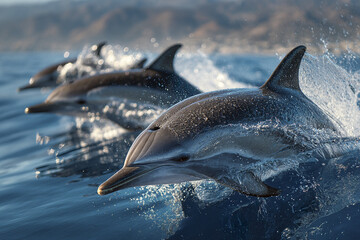 Wild dolphins surfacing while swimming as pod in dynamic motion, splashing water and gliding through ocean with energy and grace near coastal area