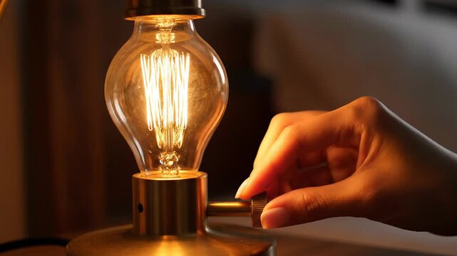 Close-up of a hand adjusting a vintage Edison bulb lamp dimmer switch