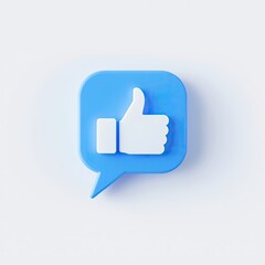3D blue speech bubble with white thumbs up icon on a clean white background social media like