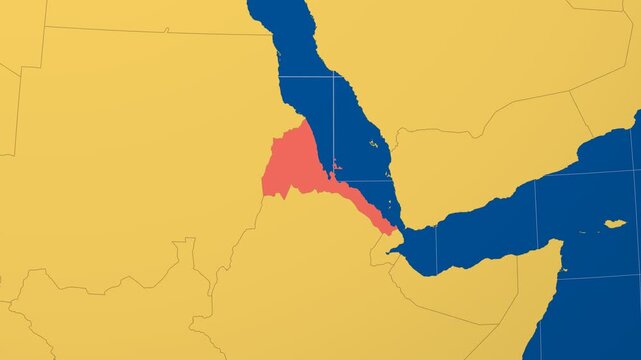 Eritrea on Globe. Animated zoom into the country in Ocean Blue Golden Yellow color palette. Eritrea logo animation. Map with meridians, parallels. Vibrant video.