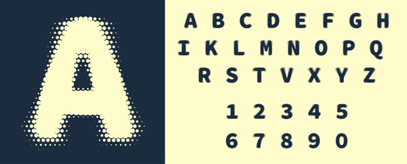Halftone bitmap font. Blurred alphabet with dots. Vintage Halftone Display Font alphabet collection, vector. Retro 70s and 80s halftone dots in black and white alphabets. Halftone alphabet, number © Kateryna