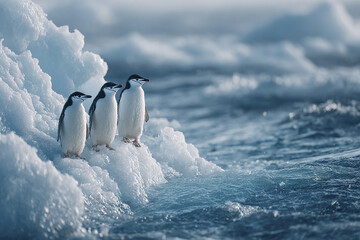 Three wild penguins stand closely together on floating iceberg near cold ocean, showcasing their natural habitat with icy water and snow under soft light