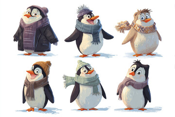 Winter penguin cartoon set with six cute animals wearing warm scarf and hat, expressing playful and cozy emotions in cold weather illustration