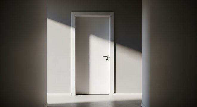 A clean and atmospheric shot of a closed white door in a minimalist room with a dramatic diagonal sunlight shadow on the wall