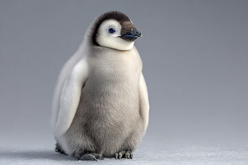 Young emperor penguin chick standing alone soft lighting isolated, fluffy gray and white feathers, small black beak, blue eye, cold environment