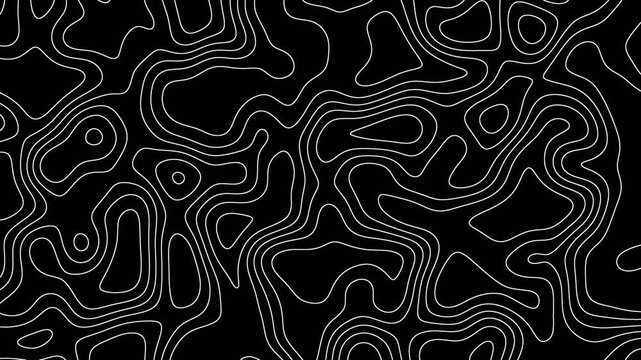 Abstract topography white stripes background motion loop footage video with geo map pattern, best for motion graphics and design projects, fractal lines background, Moving waves on black background 4k