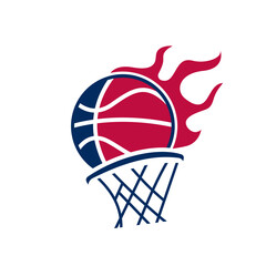Flaming Basketball Slam Dunk into Hoop Logo
