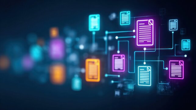 Digital network of documents and data connections visualized with neon lights
