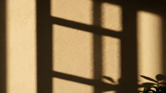 Shadow Play on Wall: An elegant dance of light and shadow, where the structured forms of a window frame cast intricate patterns across a simple textured wall.