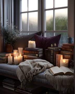 Cozy Window Nook with Candles and Books: A serene window seat adorned with flickering candles and stacks of antique books evokes a sense of tranquility and warmth, perfect for a quiet.