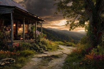Obraz premium charming old cottage nestled along a picturesque country road