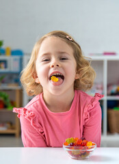 Child eating jelly candies at home. Selective focus.