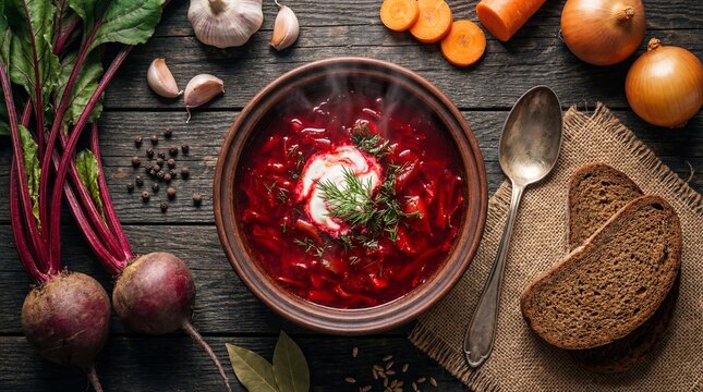 Authentic Russian Borscht Soup Flat Lay with Raw Ingredients