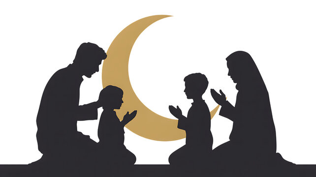 Islamic Family Praying Under Golden Crescent Moon Keywords: islamic family, prayer, islam